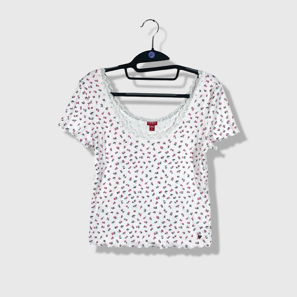 Guess Floral Lace Trim Top Womens XL White Pink Coquette Cottagecore Soft Girl